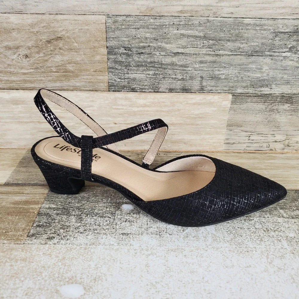 LifeStride Minimalist Womens Pumps Sz 7 W Black Shimmer Pointed Toe Block Heel
